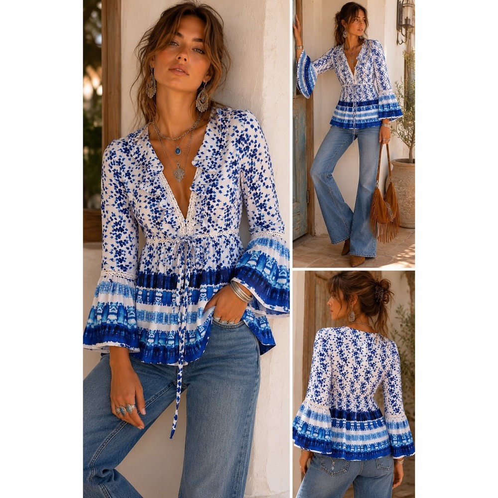 NWOT Angie Tie Front Top Womens Sz L White Blue Bohemian Boho Chic Bell Sleeve - Picture 1 of 10